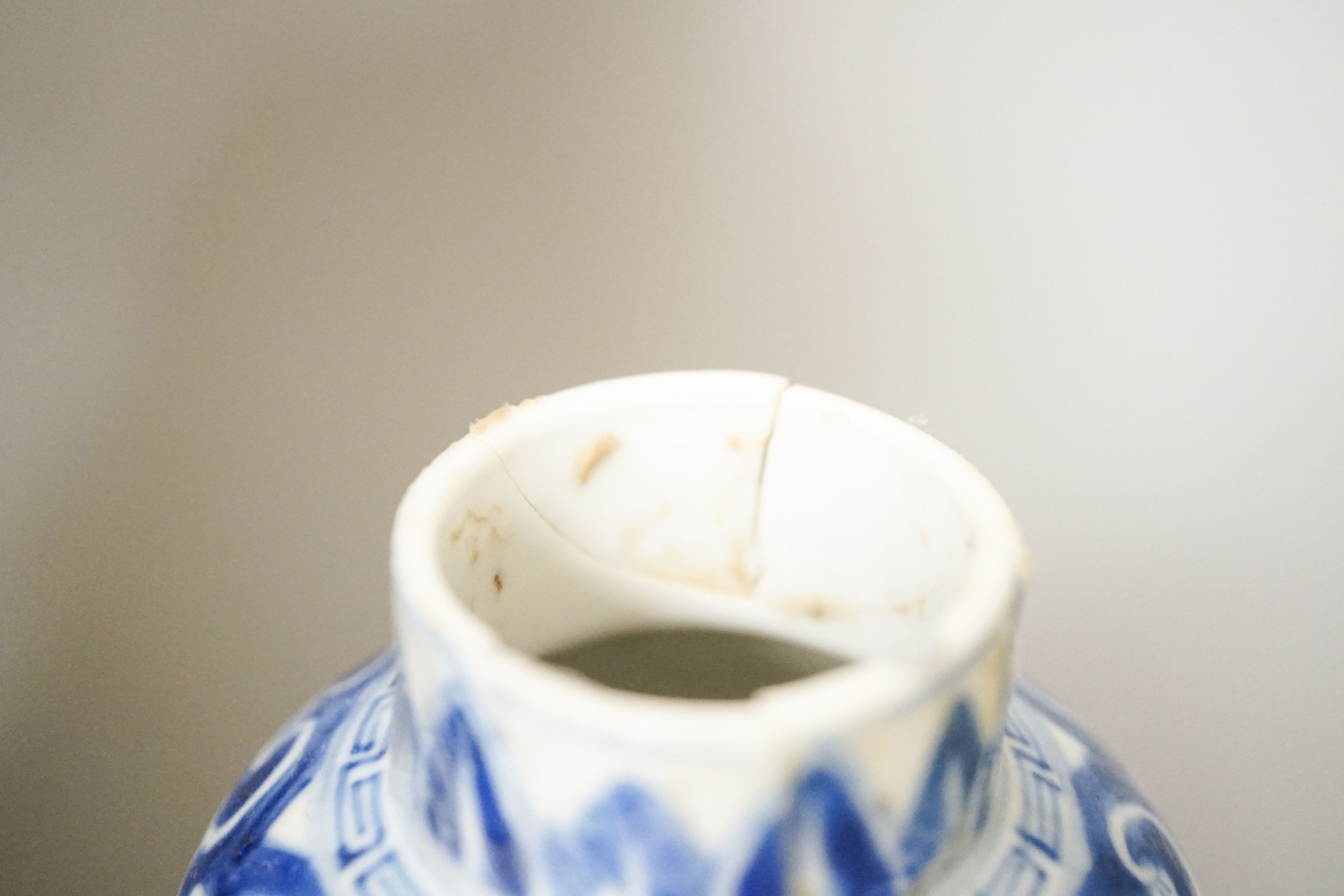 Two Chinese blue and white vases and a slender crackle glaze vase, Qing and later 30cm